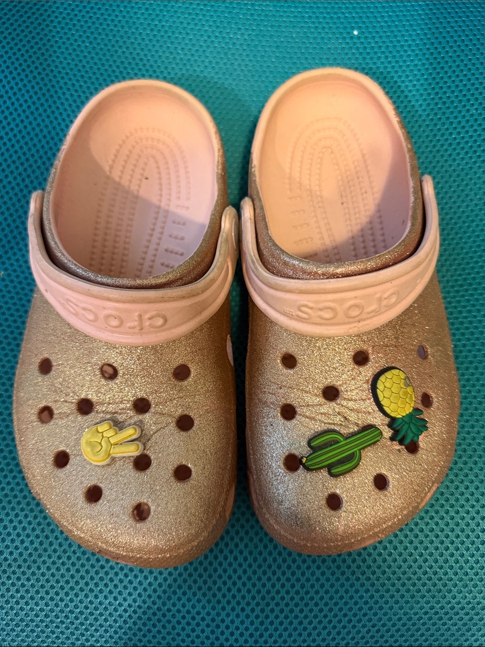 CROCS Kids Glitter Clogs in Pink and Gold with Fun Charms